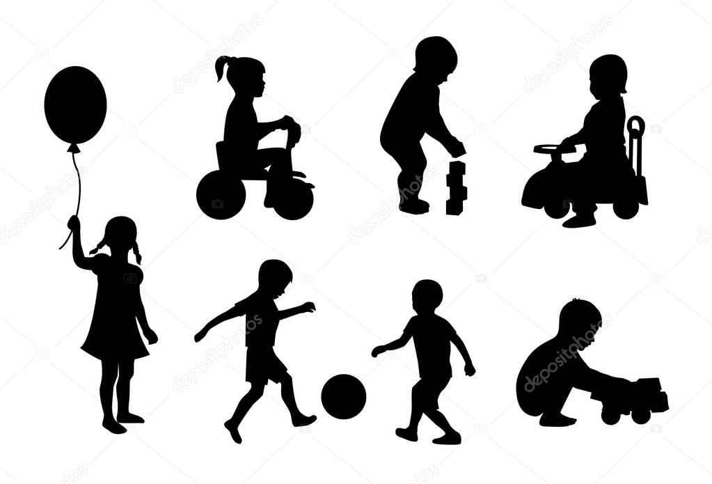 Set of silhouettes of children playing