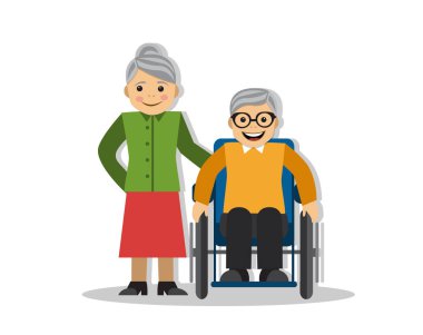 Tekerlekli sandalyede bir Engelli emekli büyükanne yanındadır