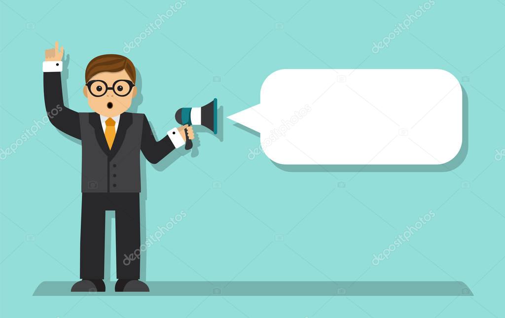 businessman holding a megaphone and preparing something importanta dialog bubble for the text