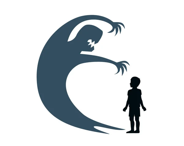 Silhouette Kind Steht Und Der Schatten Eines Monsters Der Wand — Stockvektor