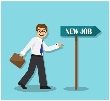 Neşeli iş adamı, yeni bir işin işaretçisinin yanında yürüyor.