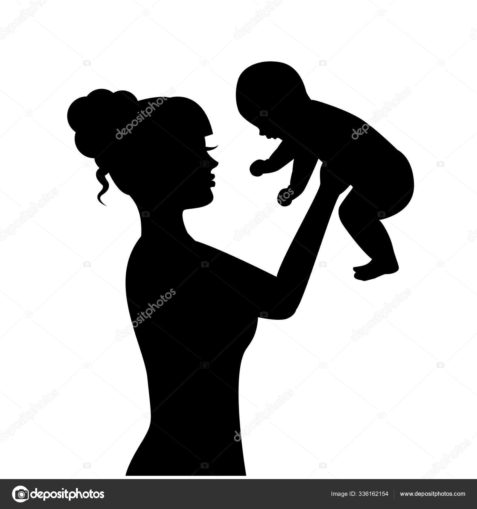 Silhuett Kvinne Som Oppdrar Lite Barn Armene Sine stockvektor © OlgaSuslO  #336162154, image size:1594x1700