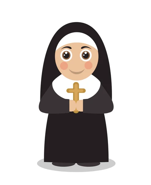 Cute Carton Nun Black Robes Cross Her Hands — Stock Vector