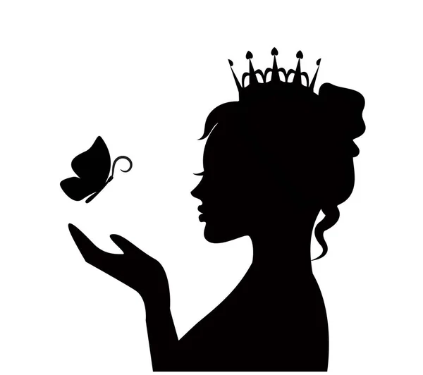 Silhouette Une Jolie Princesse Avec Papillon Sur Paume — Image vectorielle