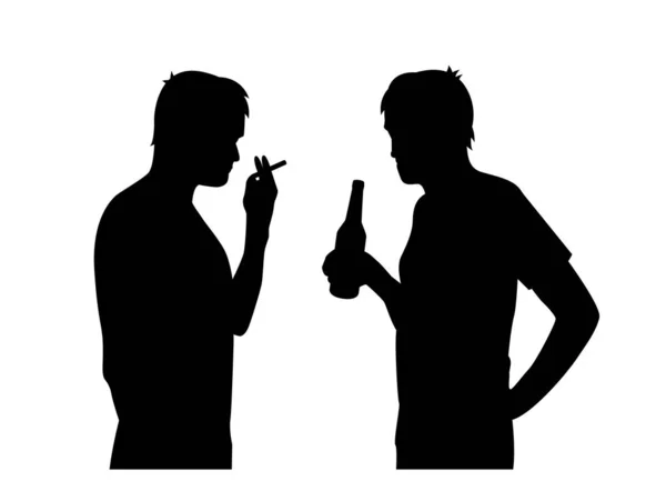 Siluetas Aisladas Negras Hombres Fumando Bebiendo Alcohol — Vector de stock