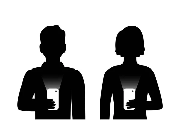Silhouettes Hommes Femmes Tenant Des Téléphones Dans Leurs Mains Communiquant — Image vectorielle