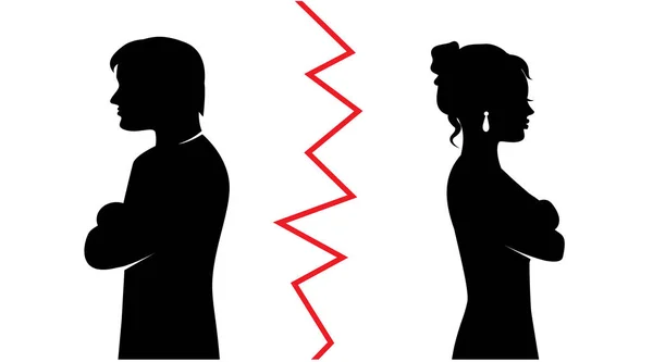 剪影的异性恋夫妇吵了起来 转身彼此两人之间一条红线 — 图库矢量图片