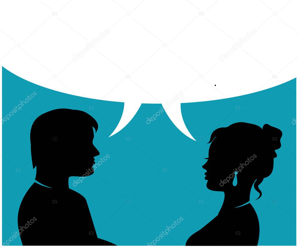 silhouettes of man and woman talk and dialogue bubble