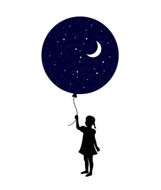 silhouette child holding a big balloon with night and moon inside