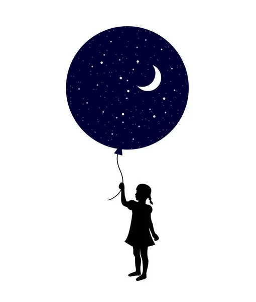Силуэт Ребенка Держит Большой Воздушный Шар Ночью Луной Внутри — стоковый вектор