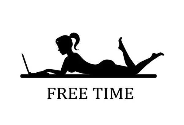 Black Silhouette Woman Lies Laptop Time Relax — Stok Vektör