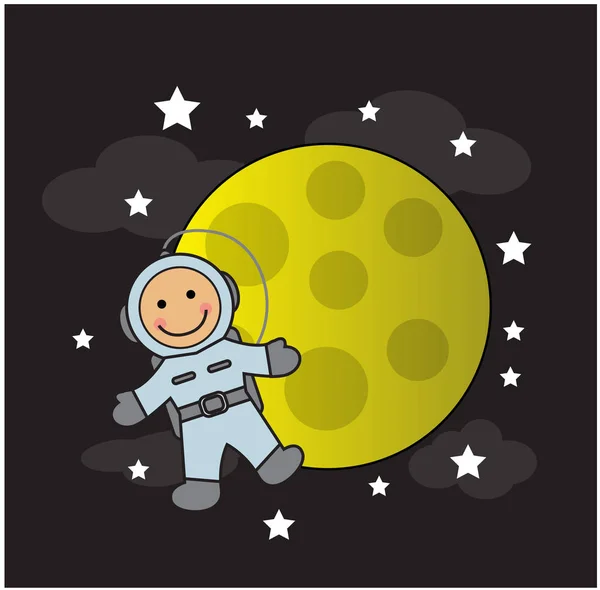 Cute Baby Astronaut Spacesuit Flies Smiles Backdrop Moon Stars — Stock Vector
