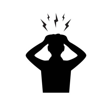 Bir adamın silueti ellerini başının arkasında tutuyor ve başı ağrıyor ve üzerinde şimşekler çakıyor.