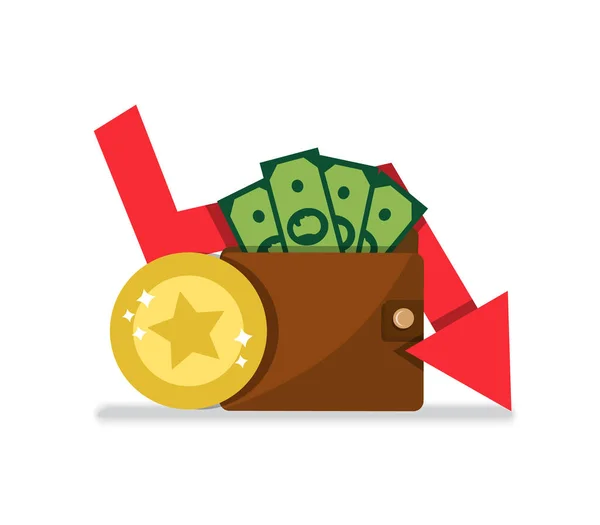 Wallet Money Gold Coin Red Arrow Symbolizes Drop Income — 스톡 벡터