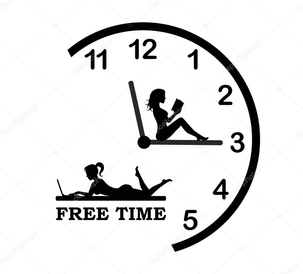 half round clock and female silhouettes are engaged in leisure-reading and lying with a laptop