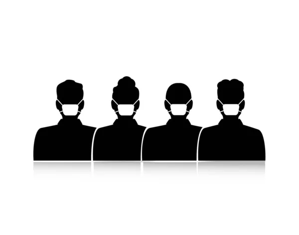 ウイルスに対する医療用保護マスクの列の人々の黒いシルエット — ストックベクタ
