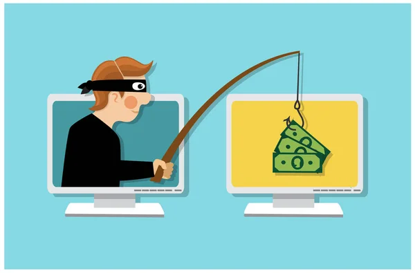 Maskierter Dieb hält Angel in der Hand und stiehlt Geld im Internet — Stockillustration Maskierter Dieb Hält Angel Der Hand Und Stiehlt Geld Internet — Stockvektor