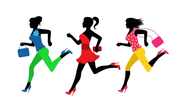 Drie Mode Vrouwen Met Tassen Lopen Snel Het Winkelen — Stockvector