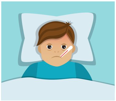 Ağzında termometresi olan hasta bir adam yastığa ve yatağa uzanıyor.