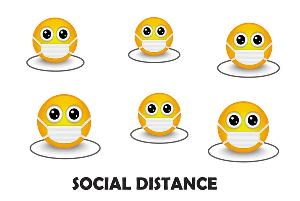 Gelbe Emoticons Medizinischen Masken Halten Aufgrund Von Viren Soziale Distanz — Stockvektor