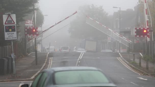 Un passaggio a livello a Motspur Park, Regno Unito, giornata nebbiosa — Video Stock