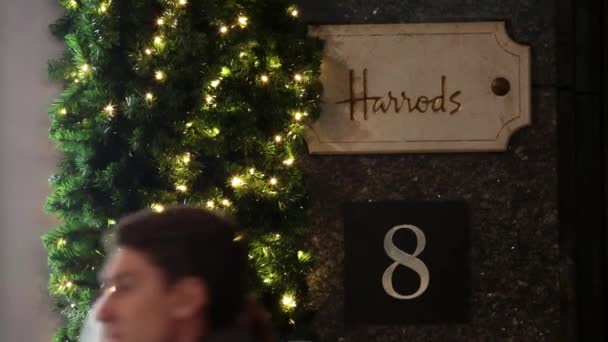 Νύχτα Προβολή του Harrods, πιο διάσημο πολυτελές κατάστημα, πολυκατάστημα Χριστούγεννα — Αρχείο Βίντεο