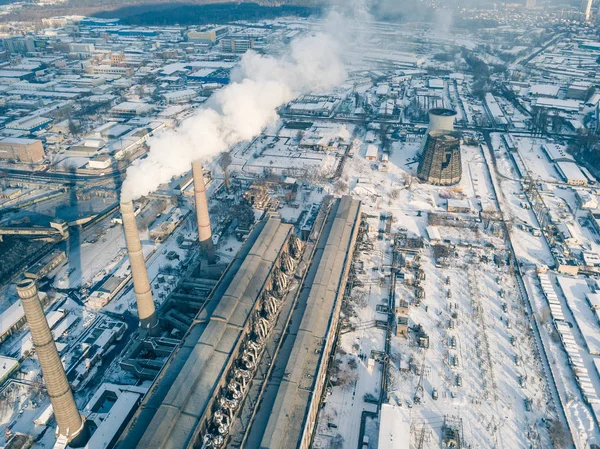 Industrial aerial drone view to power plant