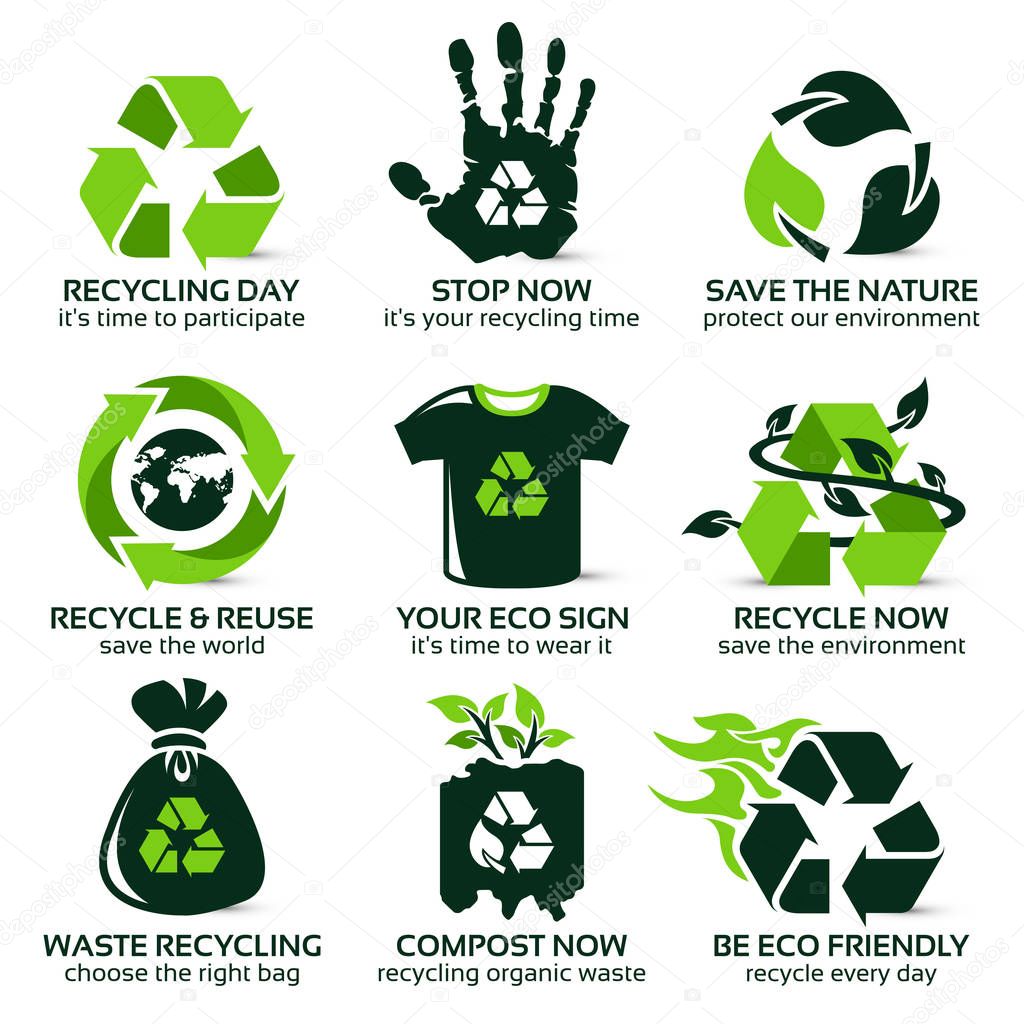 Flat icon set for eco friendly recycling, the drop shadow contains transparencies, eps10
