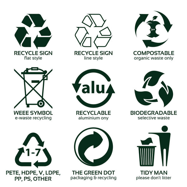 плоский набор иконок для зеленой экологической упаковки
