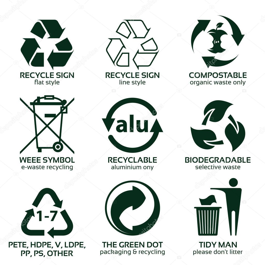 Flat icon set for green eco packaging, vector illustration, eps10