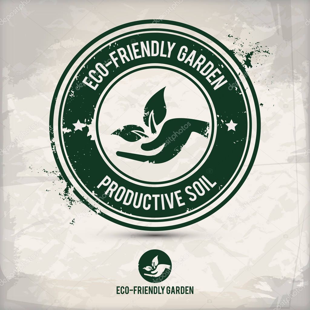 Alternative eco friendly garden stamp containing: two variations of garden planting emblems, grunge ink rubber stamp effect, textured watercolor carton paper background, eps10 vector illustration