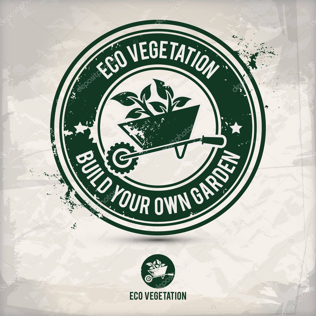 Alternative eco vegetation stamp containing: two environmentally sound eco planting motifs in circle frames, grunge ink rubber stamp effect, textured carton paper background, eps10 vector illustration