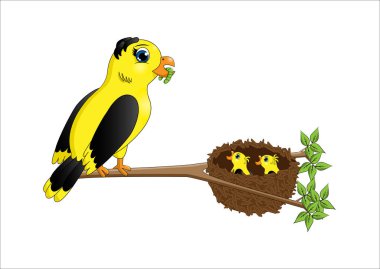 Çizgi film anne kuş yuva civciv besleme beyaz bir arka plan üzerinde