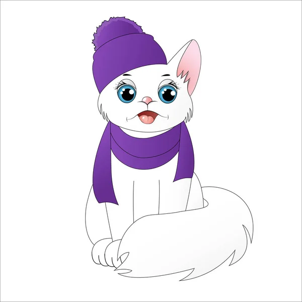 Witte cartoon kat in een winter-hoed — Stockvector