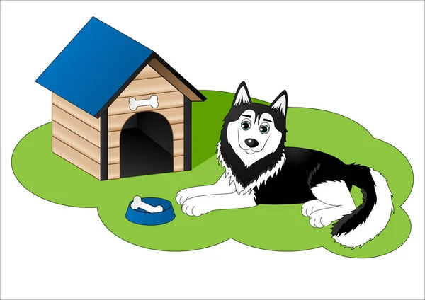 Carino cartone animato husky accanto alla casa del cane — Vettoriale Stock