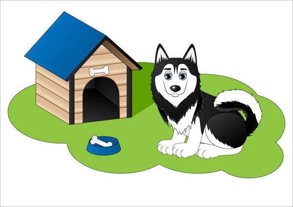 Netter Cartoon Husky neben Hundehaus — Stockvektor