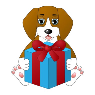 Sevimli çizgi köpek ile bir hediye kutusu