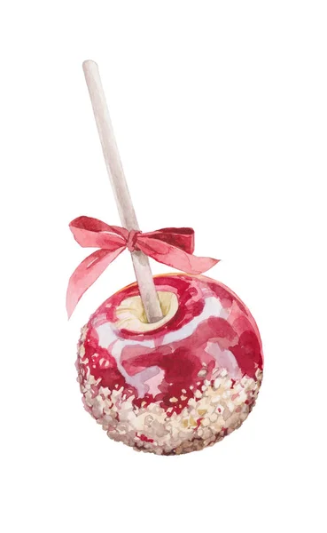 Watercolor illustration apple caramel on a stick — Stock Photo, Image