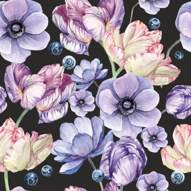 watercolor background black pattern with tulip, bud, anemone, blueberries
