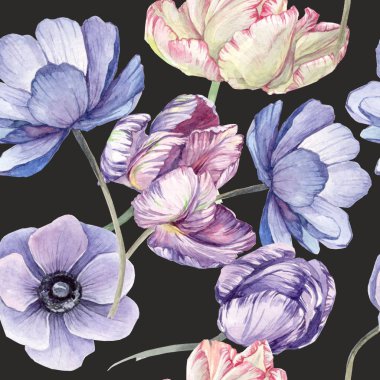 watercolor background black pattern with tulip, bud, anemone