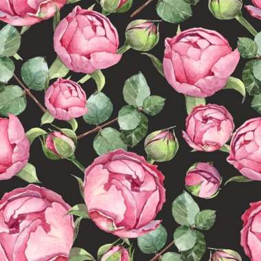 watercolor background black pattern with bud, rose white and pink