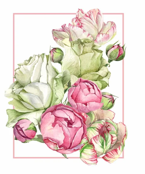 Acuarela ilustración marco flor composición con tulipán, brote, rosa — Foto de Stock