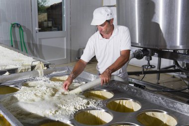 Sadece curdled Cheesemaker dökülen peynir