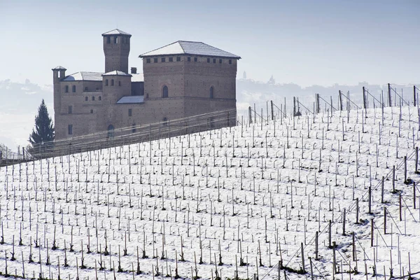 Перегляд замок Grinzane Cavour взимку зі снігом — стокове фото
