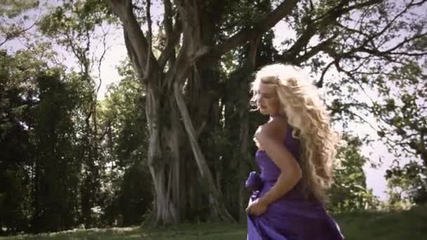 Młoda Romantyczna Kobieta Kręconymi Blond Włosami Eleganckiej Fioletowej Sukience Spaceruje — Wideo stockowe