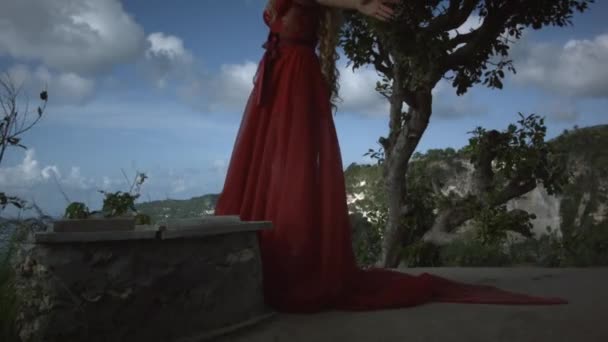 Jovem Mulher Com Cabelo Encaracolado Loiro Elegante Vestido Vermelho Perto — Vídeo de Stock