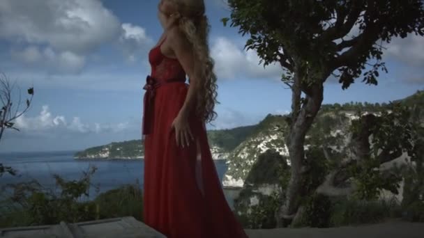 Young Woman Blonde Curly Hair Elegant Red Dress Posing Tree — 비디오