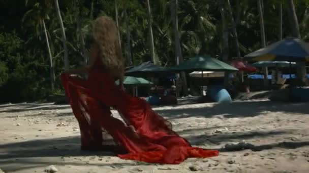 Young Happy Woman Curly Blonde Hair Elegant Long Red Dress — Stock Video