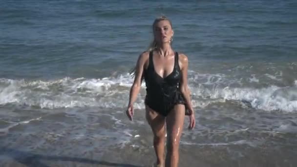 若いですぬれた女性とともにブロンド髪とメイクアップで黒輝き水着から海だけで出てくると海岸線でカメラを見て — ストック動画