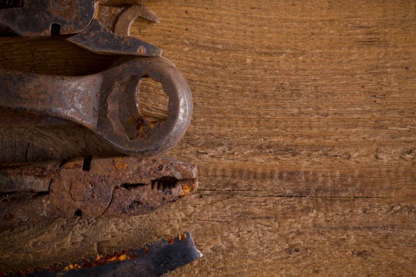 Dirty Set Hand Old Rusty Tools Wooden Background Equipment Locksmith — Stock Photo, Image